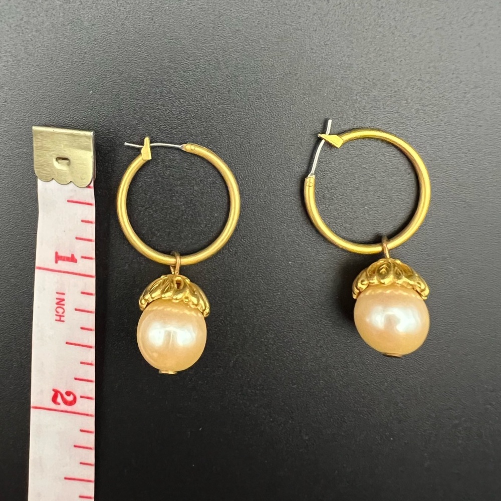 Gold Tone Hoop Earrings with Drop Faux Pearls - Picture 2 of 4